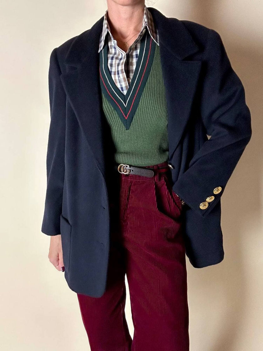 Blazer in lana e cachemire blu notte con bottoni gioiello dorati con testa di medusa