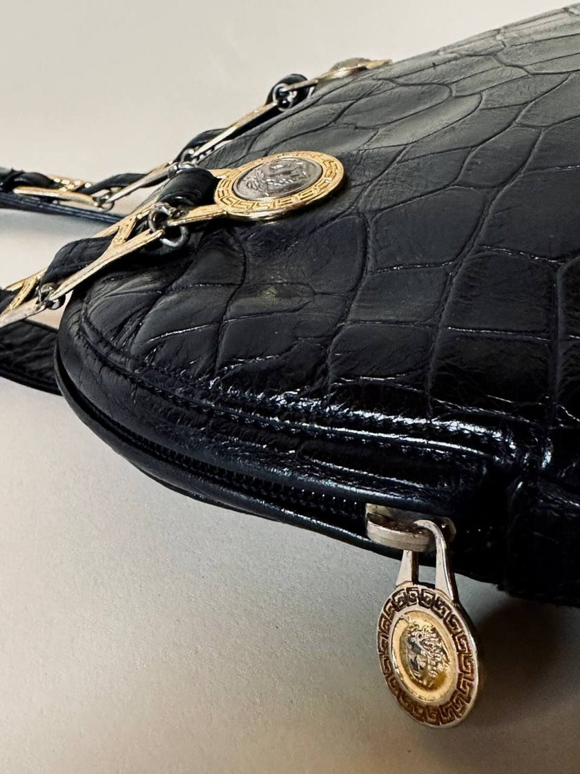 Borsa nera in pelle stampa coccodrillo “Gianni Versace”