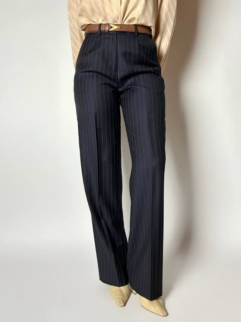 Pantalone vintage a palazzo blu notte gessato in pregiato fresco lana di Tasmania e seta