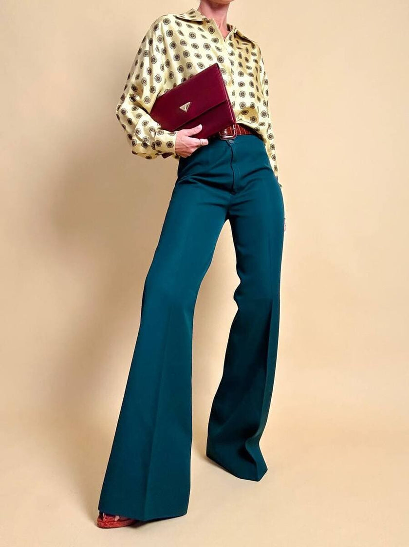Pantalone a palazzo in gabardine di lana verde bottiglia