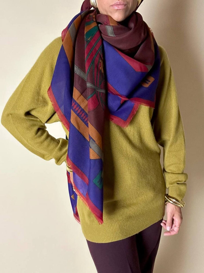 Scialle multicolor in misto lana fantasia equestre