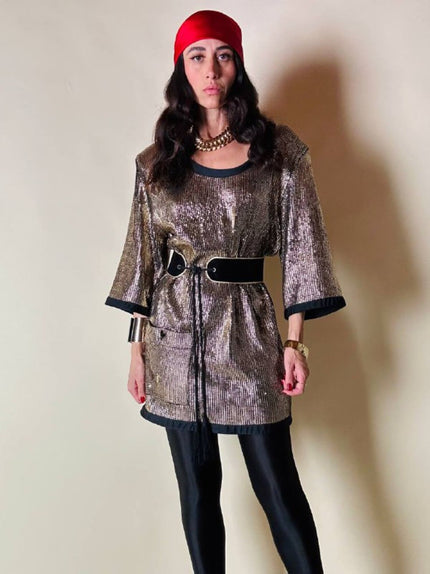 Mini dress oro in tessuto operato con profili neri in raso nero  “Yves Saint Laurent”