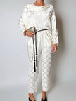 Jumpsuit vintage Spengler Mode in viscosa jacquard avorio con scollo drappeggiato