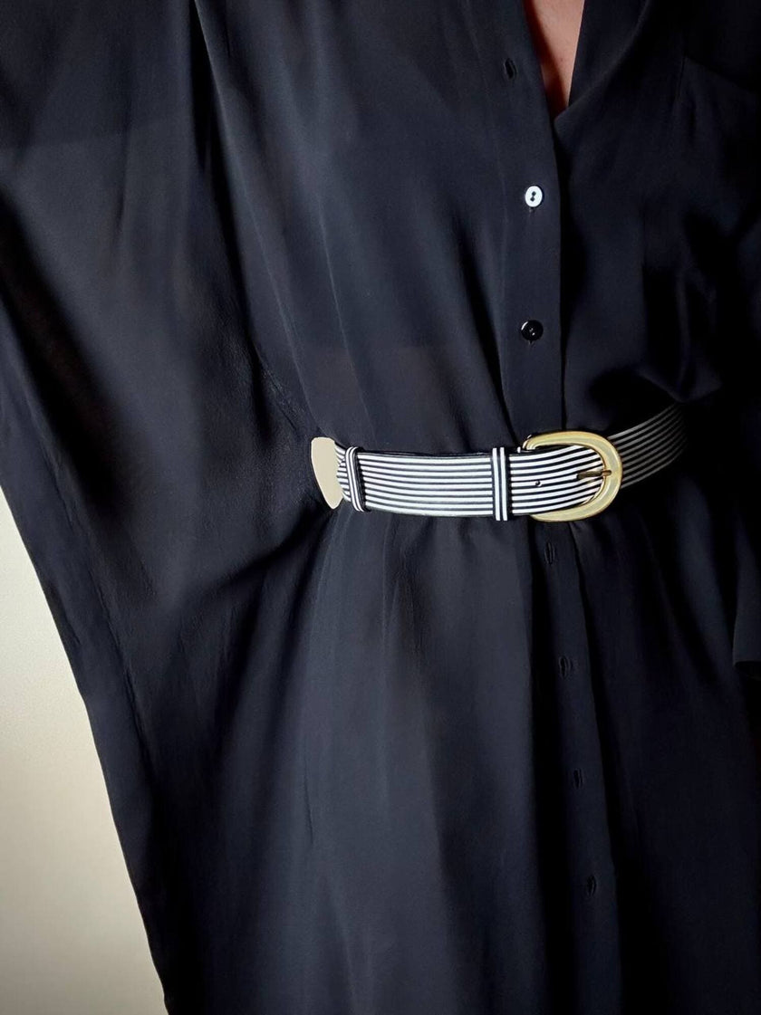 Vintage Valentino Garavani black and white striped belt with metal and resin hardware
