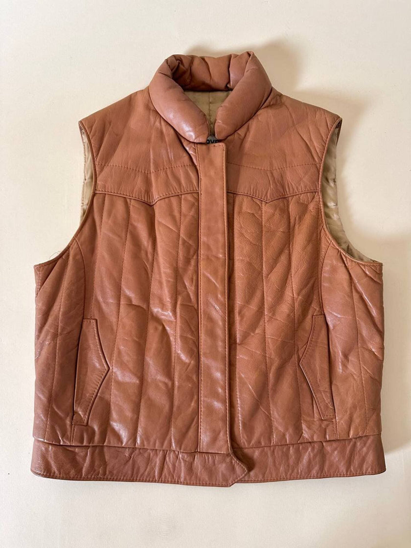 Gilet in pelle Frye color cuoio con impunture verticali