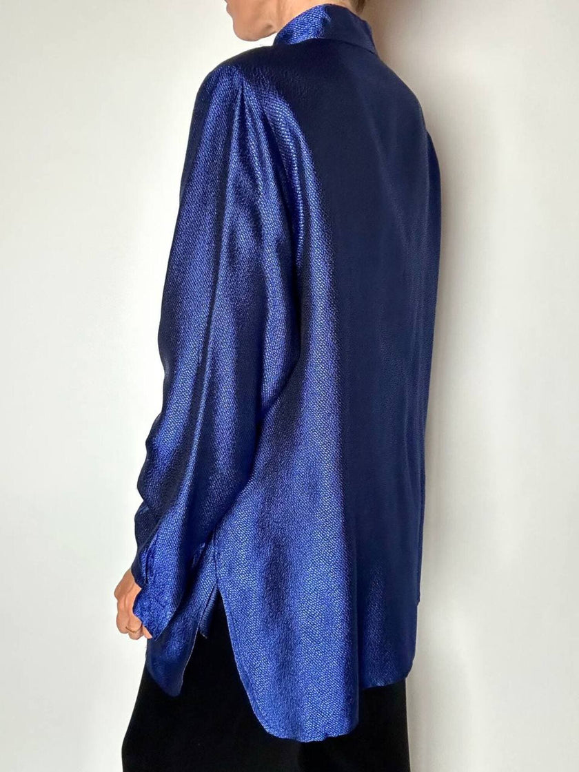 Giacca-camicia vintage in tessuto jacquard bluette