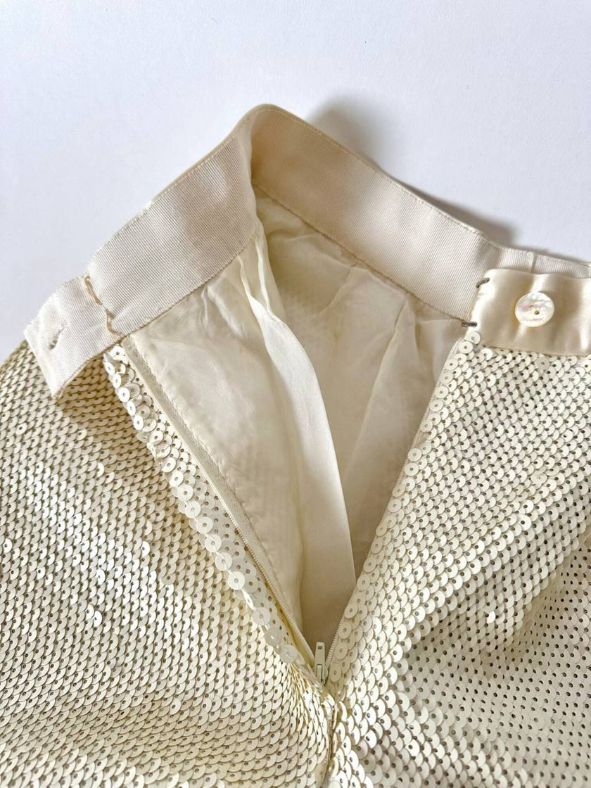 Vintage cream sequin-embroidered palazzo pants