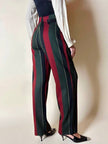 Pantalone a vita alta in lana jacquard a righe verticali con cinturini in pelle nera