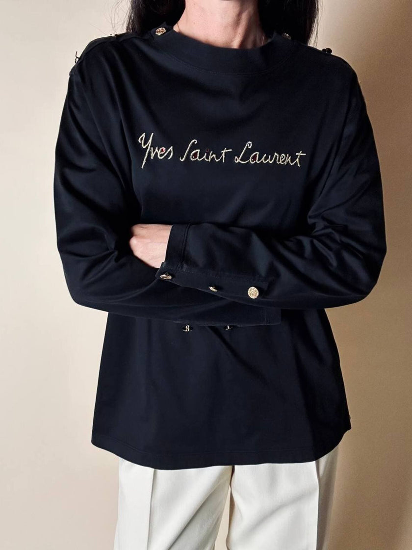 Maglia vintage Yves Saint Laurent in cotone nero con firma ricamata e bottoni dorati