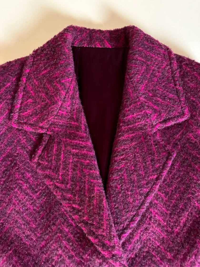 Capottino vintage spinato in tweed di lana e mohair magenta e prugna
