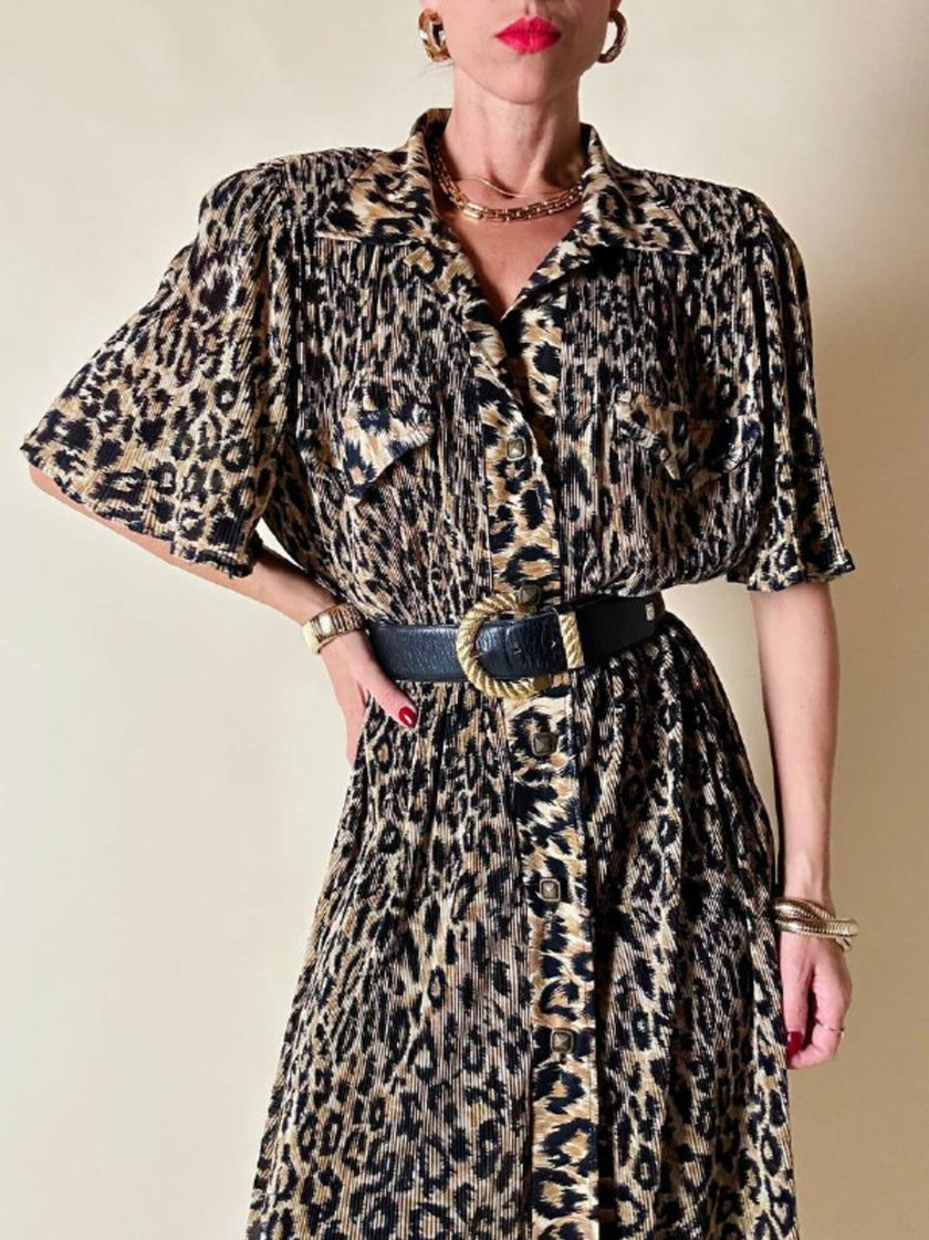 Chemisier vintage leopardato in tessuto micro plissé Henriette