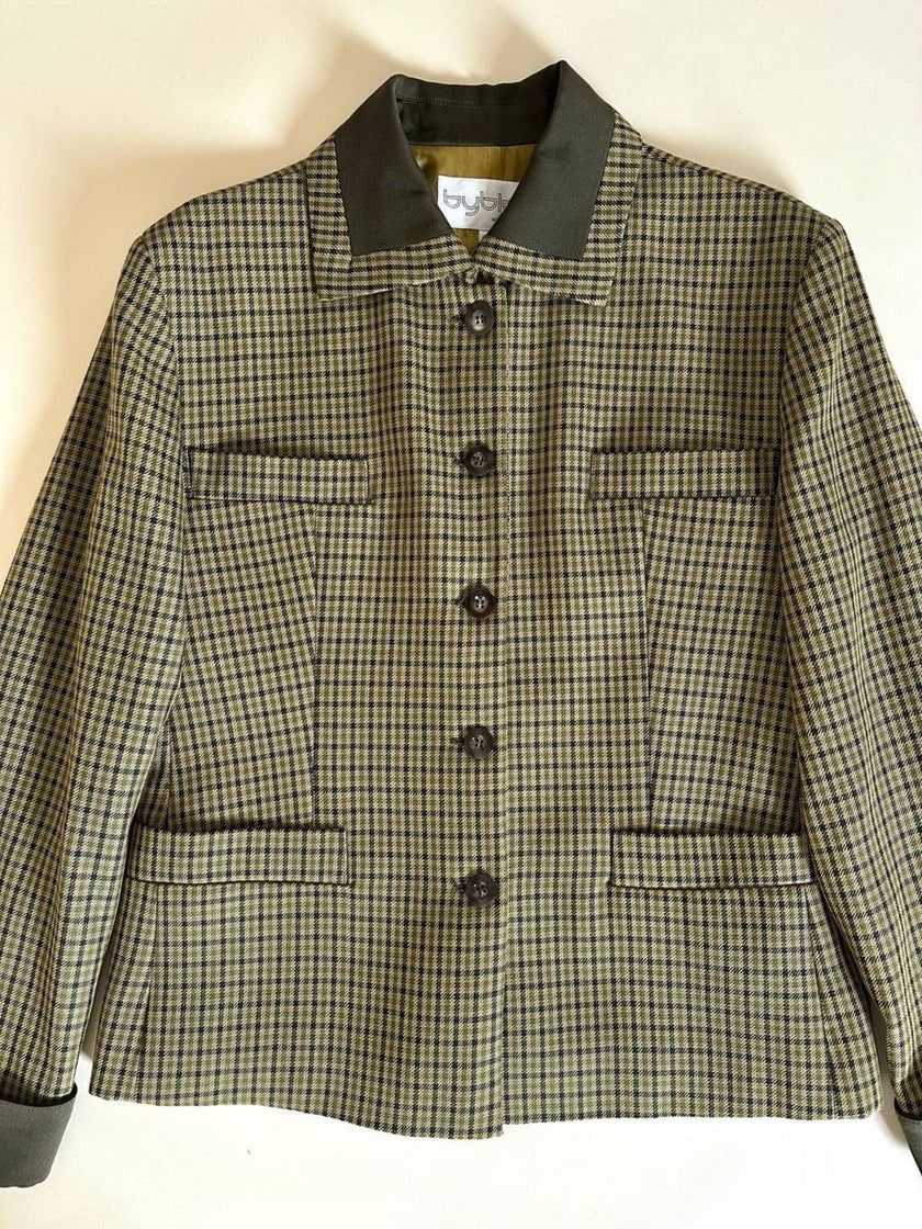 Blazer Byblos in rasato di lana pied de poule beige e verde con riporti verde oliva