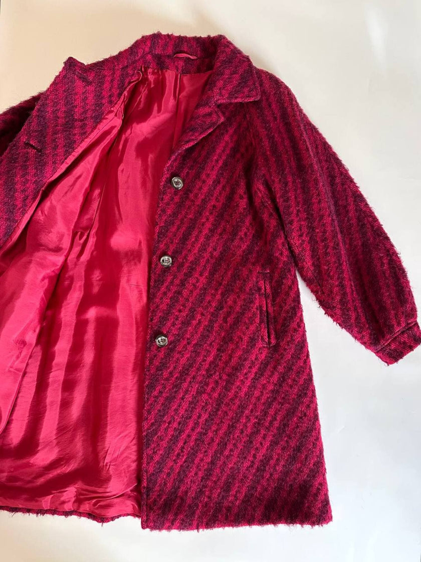 Cappottino in lana e mohair con fantasia a righe diagonali in due tonalità di rosso