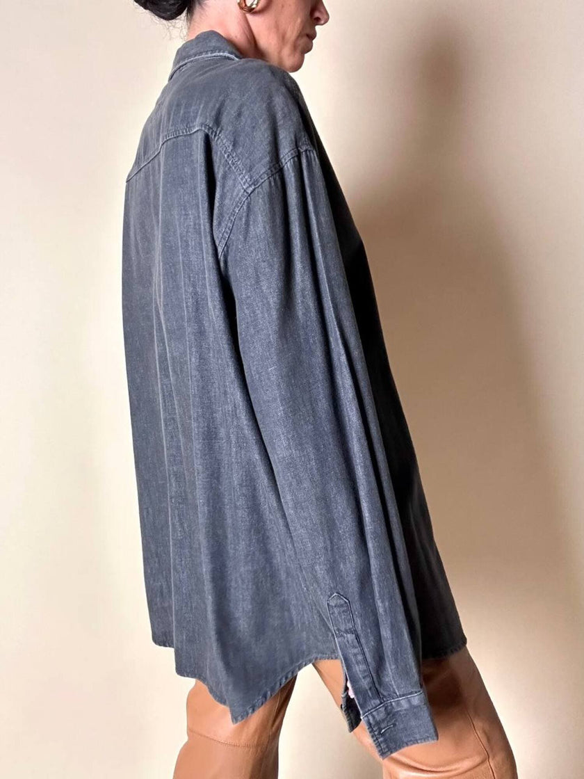 Blusa Yves Saint Laurent oversize in denim grigio con zip e logo ricamato