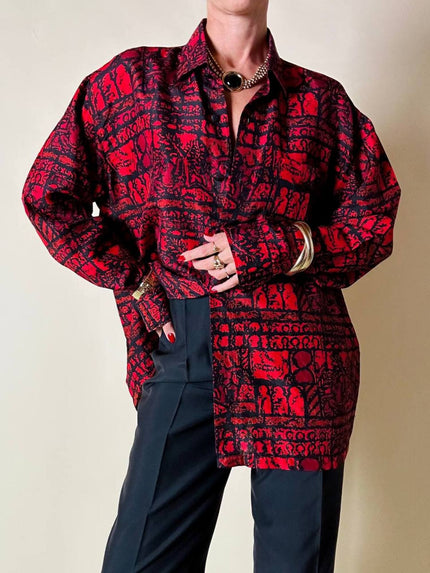 Camicia rossa e nera fantasia etnica in seta thai