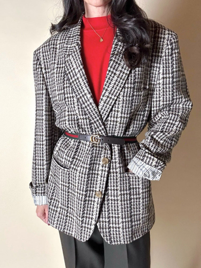 Blazer oversize in lana check beige e marrone con fodera fantasia uccellini