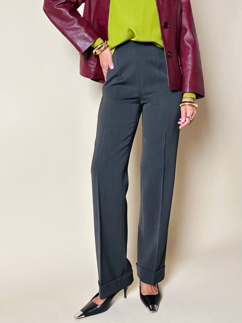 Pantalone a vita alta con piega in misto lana verde scuro grigiastro