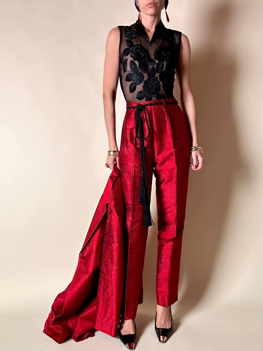 Body vintage La Perla in tulle nero e lana con applicazioni floreali in raso