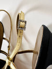Sandali vintage Yves Saint Laurent in raso di seta nero e pelle laminata oro