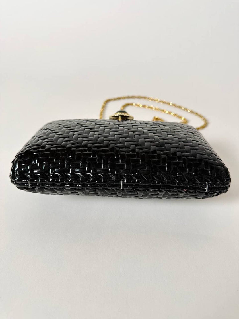Borsa vintage Rodo in midollino nero e tracolla a carena