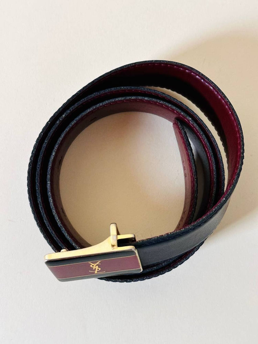 Cintura vintage Yves Saint Laurent double face blu navy e bordeaux con fibbia smaltata con logo YSL