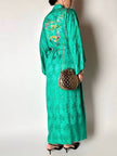Green rayon jacquard kimono robe with multicolor embroidery