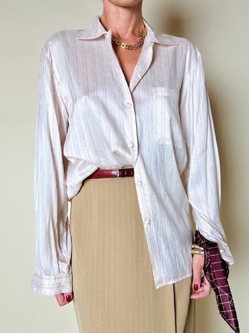 Camicia in seta rosa pallido a micro righe grigie e bordeaux “Calbros”