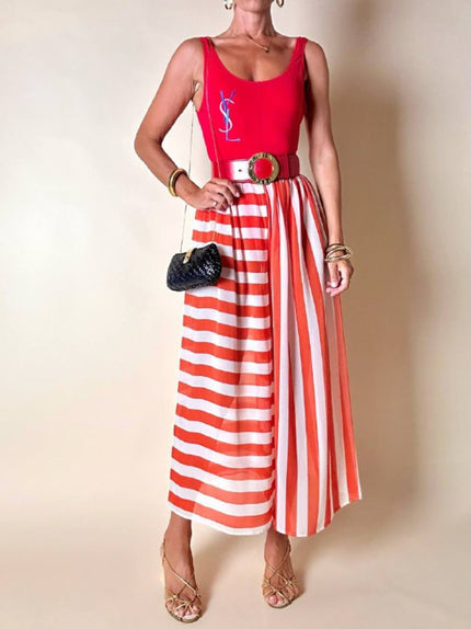 Gonna-pantalone sartoriale in chiffon di seta bianco e rosso a righe