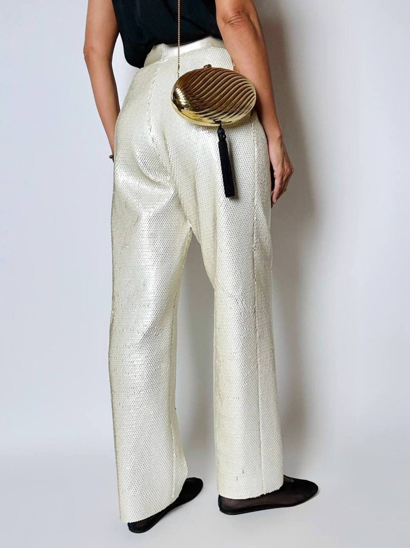 Vintage cream sequin-embroidered palazzo pants