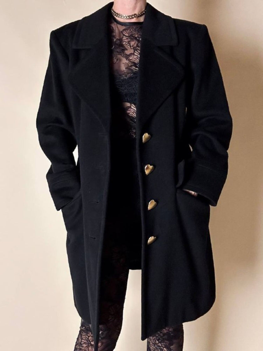 Vintage-Kurzmantel von Yves Saint Laurent aus schwarzer Wolle mit herzförmigen goldenen Knöpfen