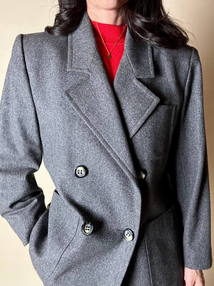 Blazer doppiopetto Yves Saint Laurent in panno di lana mélange grigio antracite