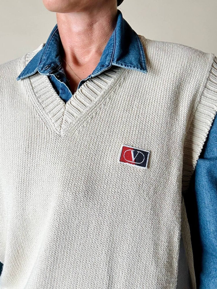 Gilet Valentino Sport in cotone beige con scollo a V logo sul petto