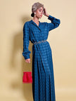 Abito lungo blu lavagna in tessuto Jacquard con motivo Damier