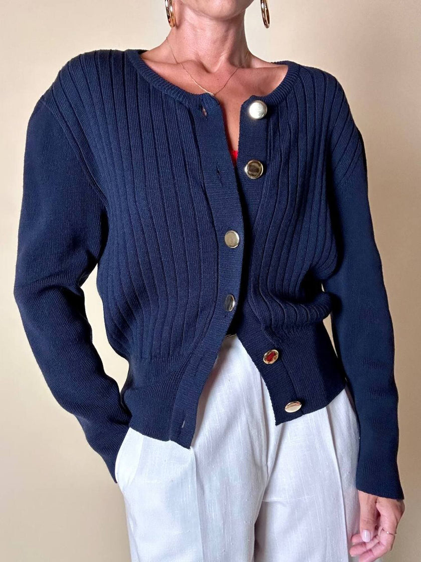 Cardigan Yves Saint Laurent blu navy con bottoni dorati a specchio