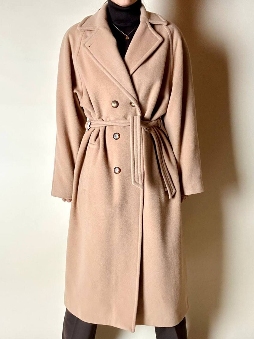 Cappotto vintage Kamaé modello vestaglia in lana e cachemire cammello chiaro