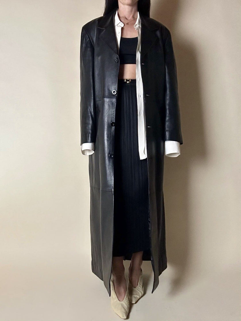 Maxi cappotto vintage in pelle nera Real Leather con fodera matelassé