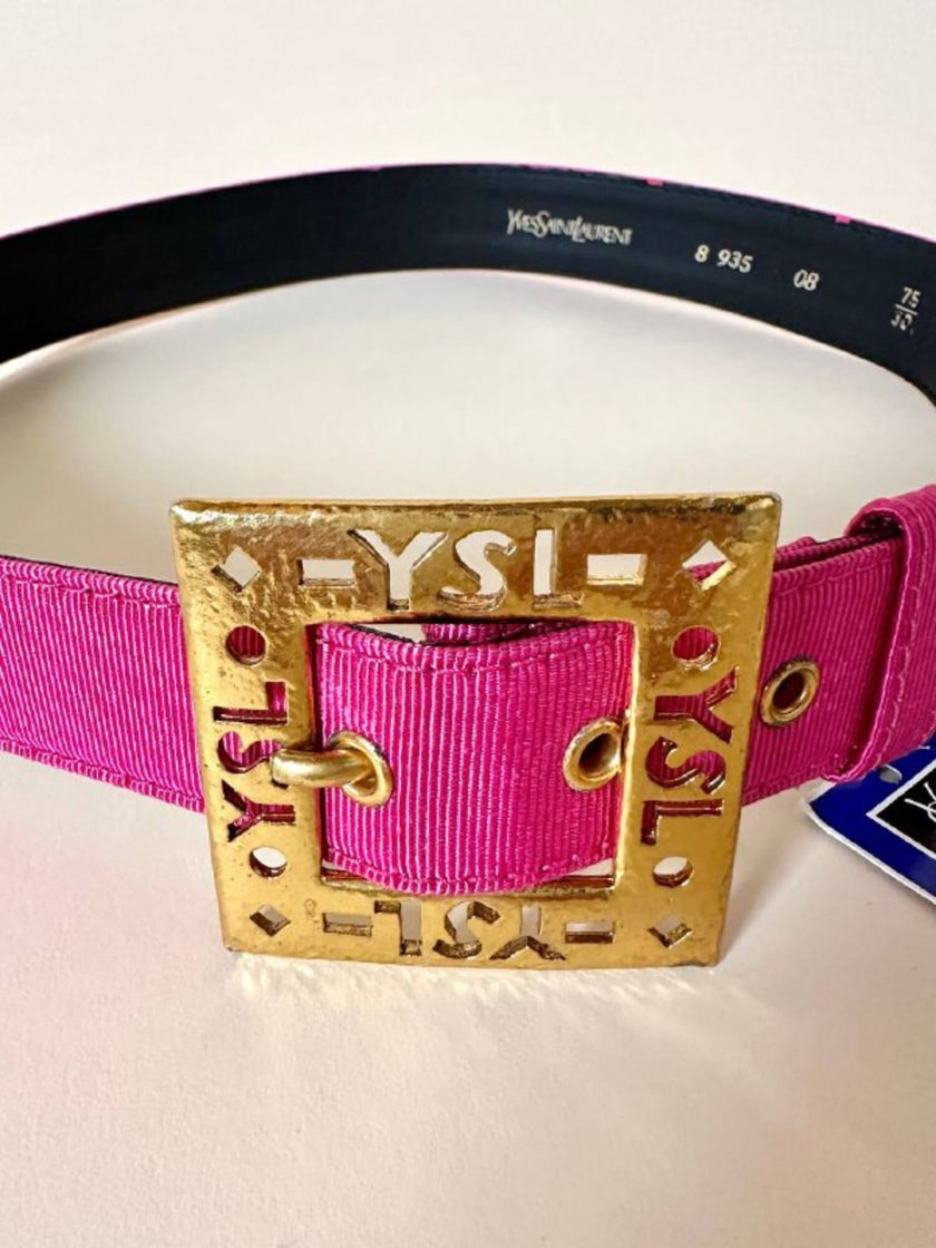 Cintura in gros grain fucsia con fibbia logata color oro “Yves Saint Laurent”