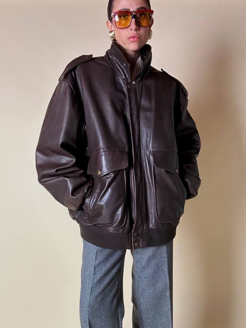 Bomber aviator oversize in pelle testa di moro