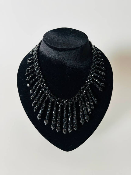 Collier vintage in cristalli neri sfaccettati di Jet con frange degradé
