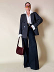 Blazer doppiopetto in rasato di lana grigio gessato con maxi bottoni neri  “Yves Saint Laurent”