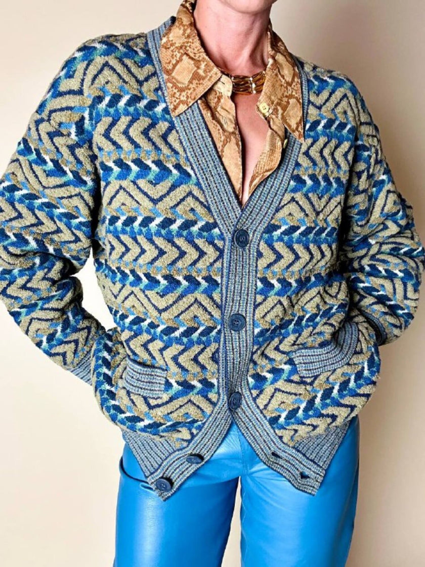 Cardigan Missoni Sport con pattern geometrico e trama tridimensionale nei toni del verde e blu