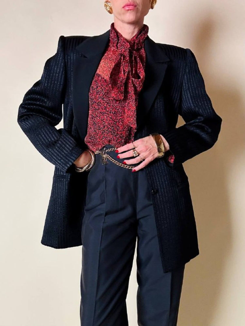 Blazer nero a righe in tessuto lucido “State off Claude Montana”