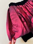 Minigonna in velluto nero con maxi ruches in taffetà bordeaux “Gabriella Ceroni”