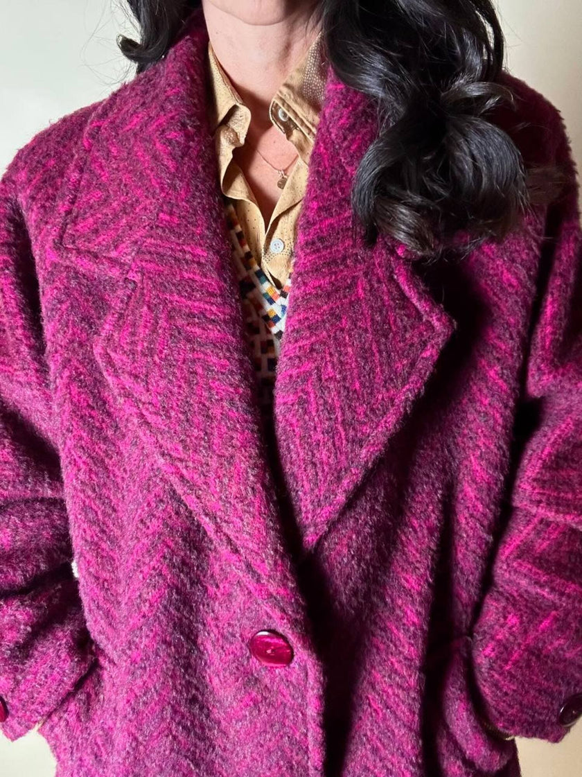 Capottino vintage spinato in tweed di lana e mohair magenta e prugna