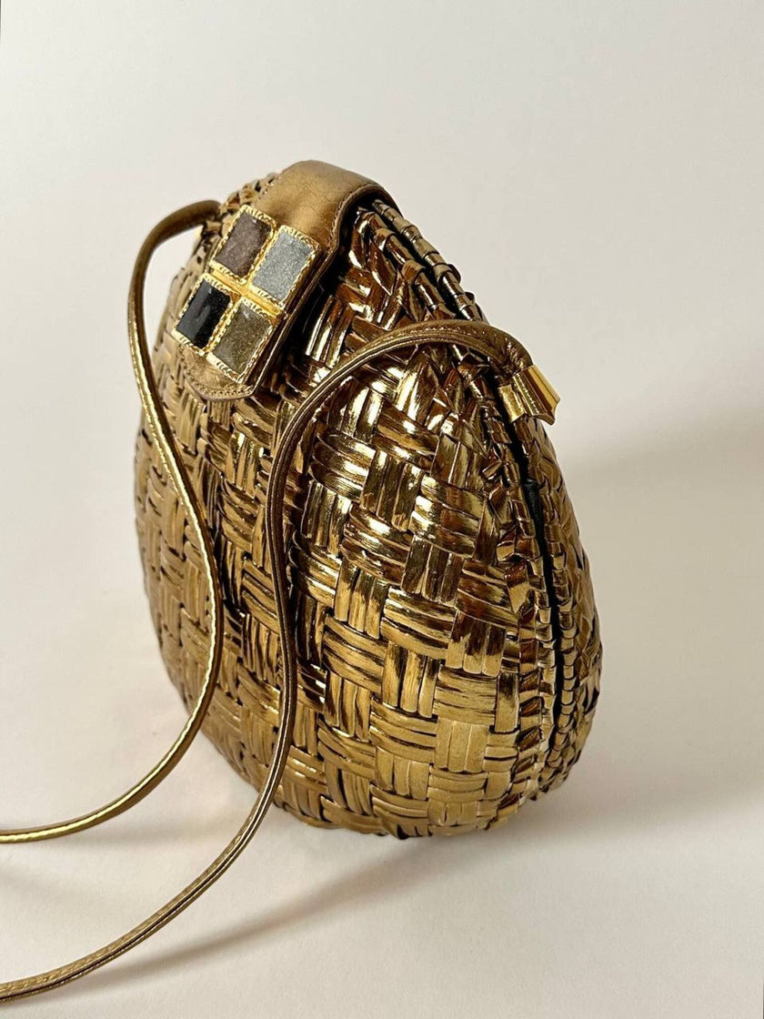 Borsa bandoulière vintage Rodo in midollino bronzo con chiusura gioiello