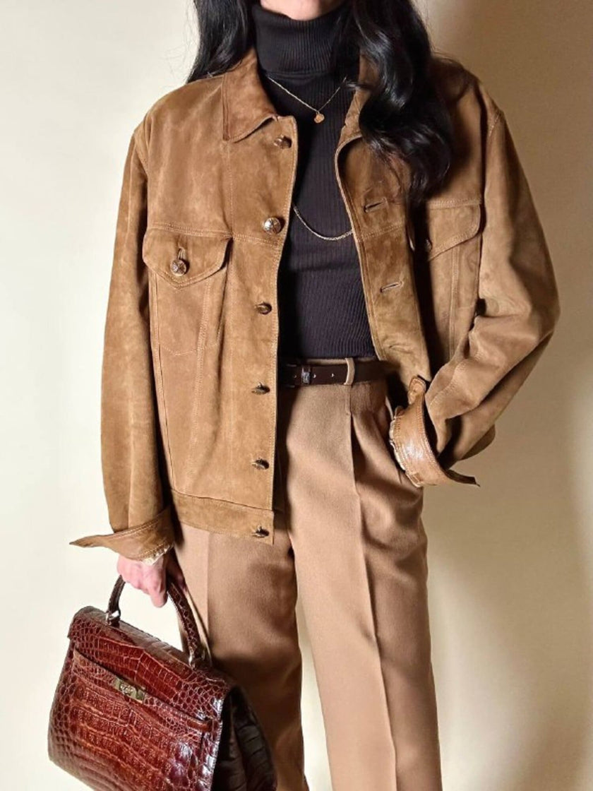 Giacca trucker in pelle scamosciata tabacco con bottoni effetto berlebeck