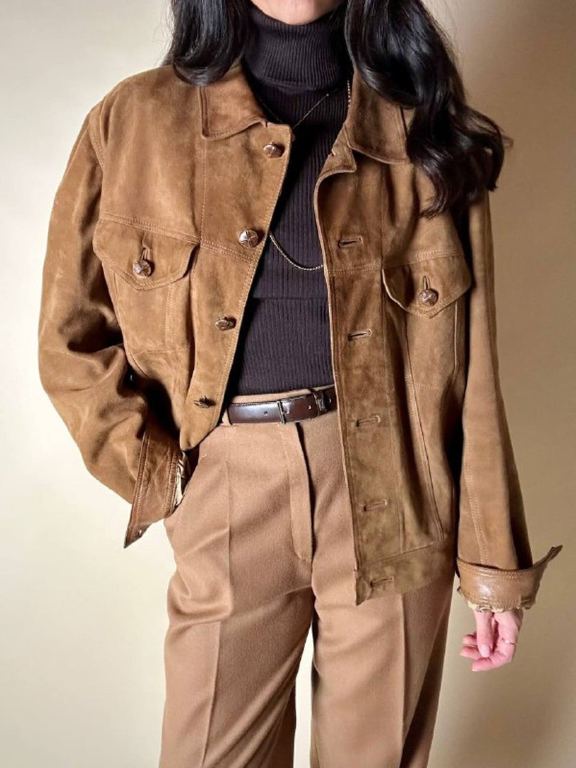 Giacca trucker in pelle scamosciata tabacco con bottoni effetto berlebeck