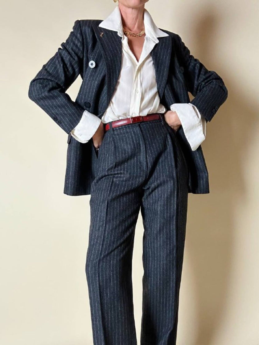 Tailleur gessato giacca/pantalone in lana grigio antracite “Antonio Fusco”