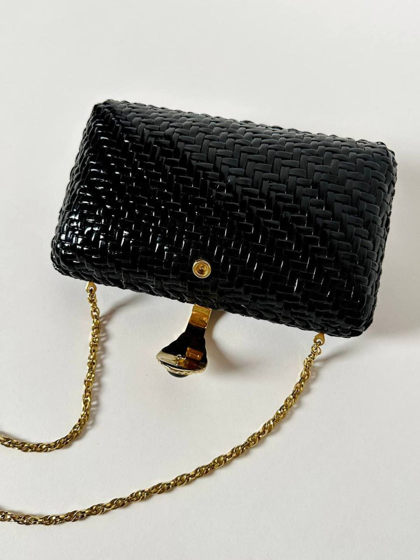 Borsa vintage Rodo in midollino nero e tracolla a carena