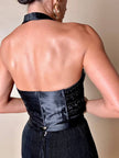 Schwarzes Satin-Bustier, bestickt mit schwarzen Pailletten mit mehrfarbigen Details